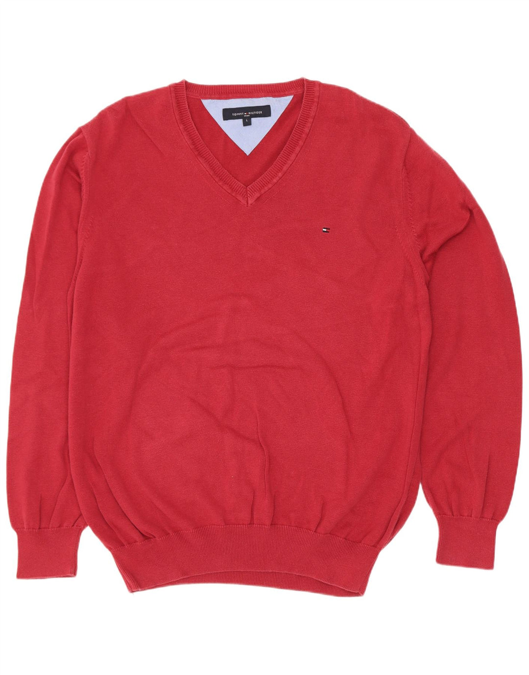 Męski sweter Tommy Hilfiger z dekoltem w kształcie litery V, duży, czerwony, bawełniany
