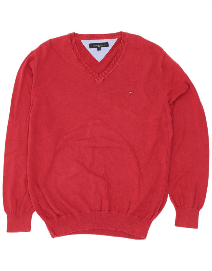 Męski sweter Tommy Hilfiger z dekoltem w kształcie litery V, duży, czerwony, bawełniany