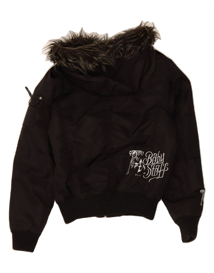 Damska kurtka bomber z kapturem w stylu vintage, UK 14, średni czarny nylon