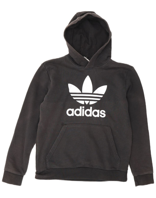 ADIDAS Boys Graphic Hoodie Jumper 13-14 Years Black Cotton