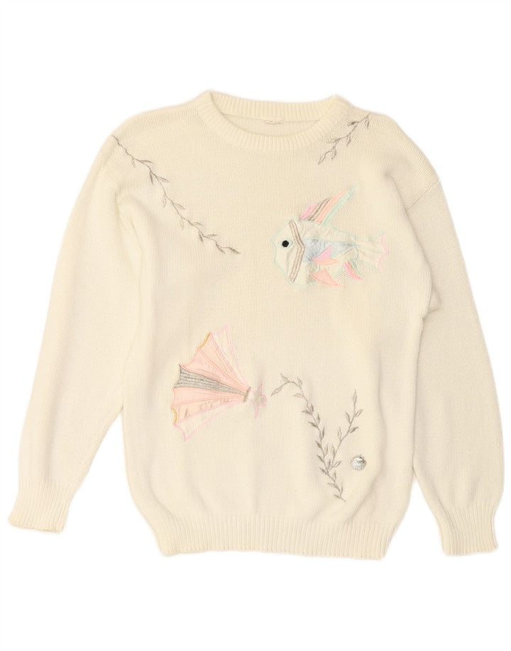 Sweter damski VINTAGE z okrągłym dekoltem UK 14, średni złamanej bieli