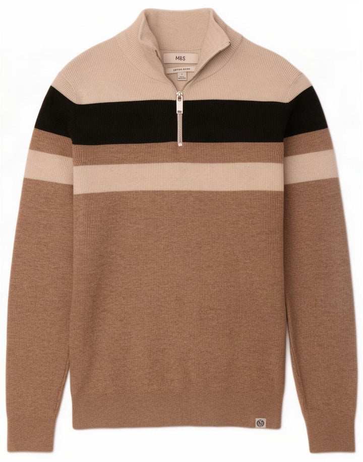 Marks & Spencer Męski sweter z zamkiem błyskawicznym, mały, beżowy, z blokami kolorów
