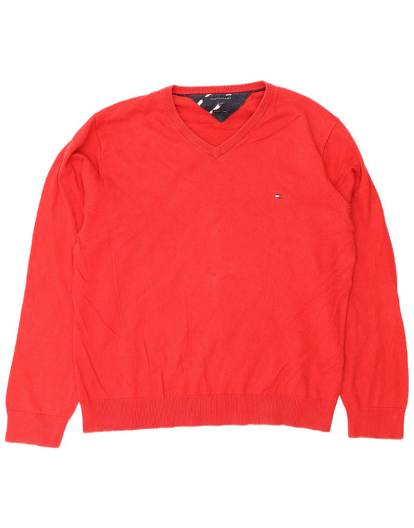 Męski sweter z dekoltem w kształcie litery V, XL, czerwony, bawełniany Tommy Hilfiger