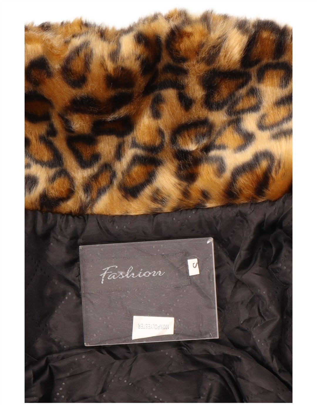 Damska kurtka ze sztucznego futra VINTAGE UK 10, mały, brązowy, poliester z nadrukiem zwierzęcym