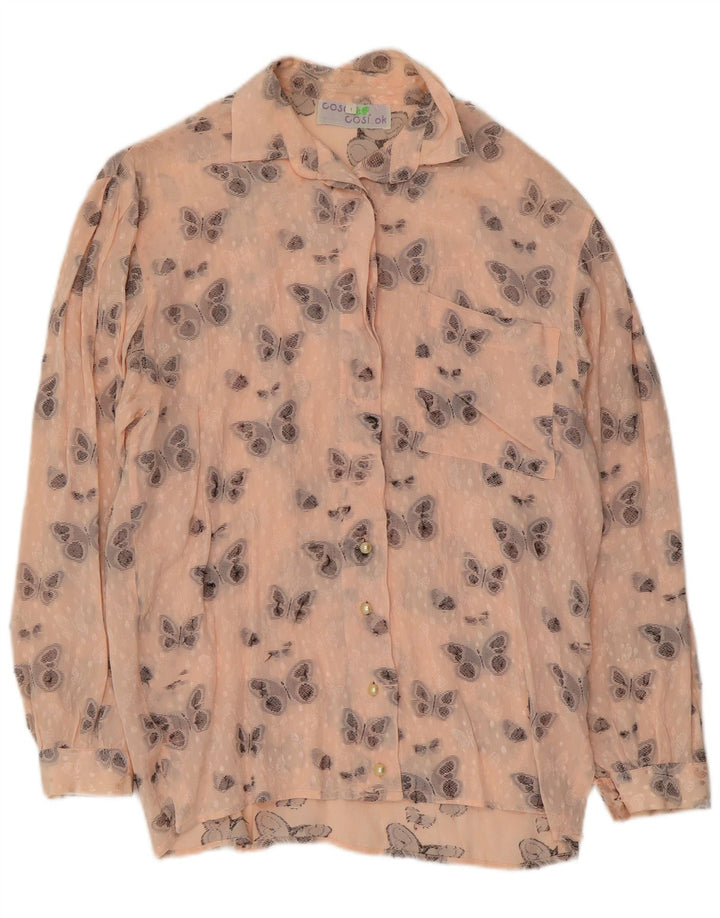 Damska bluzka koszulowa VINTAGE z grafiką UK 16, duży, różowy, jedwabny motyl