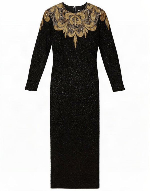 Vintage Womens Evening Abstract Pattern Maxi Dress UK 10 Small Black