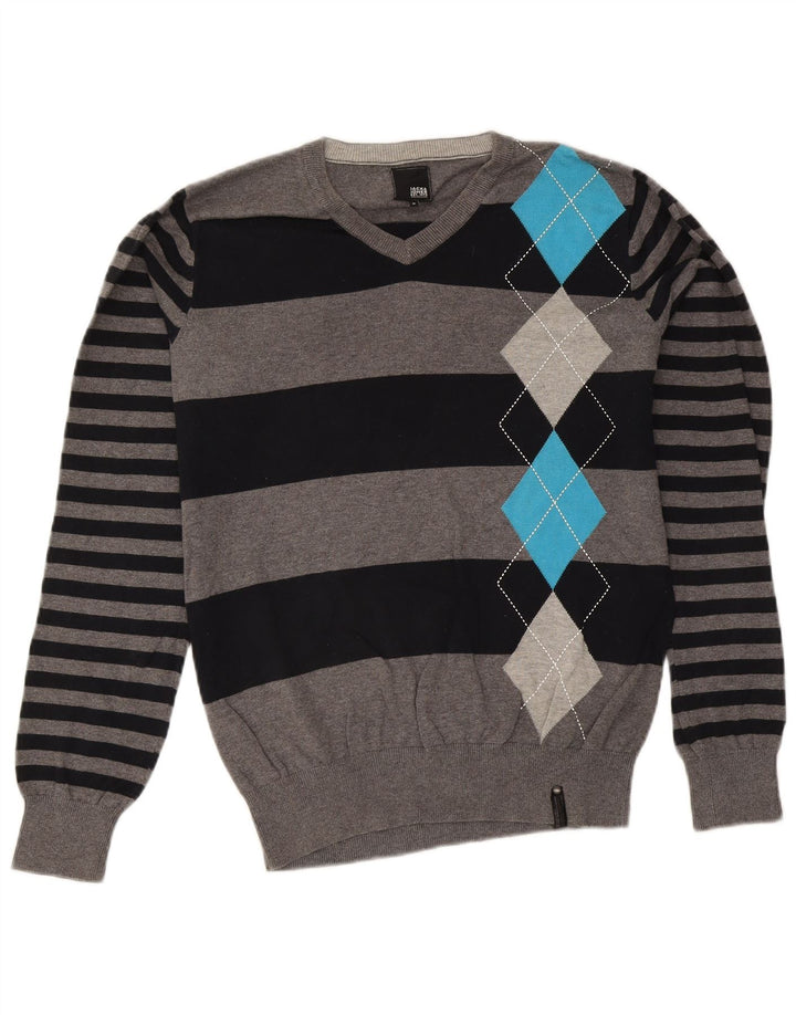 Męski sweter Jack & Jones z dekoltem w kształcie litery V, średnioszary, wykonany z tkaniny argyle/diamentowej bawełny