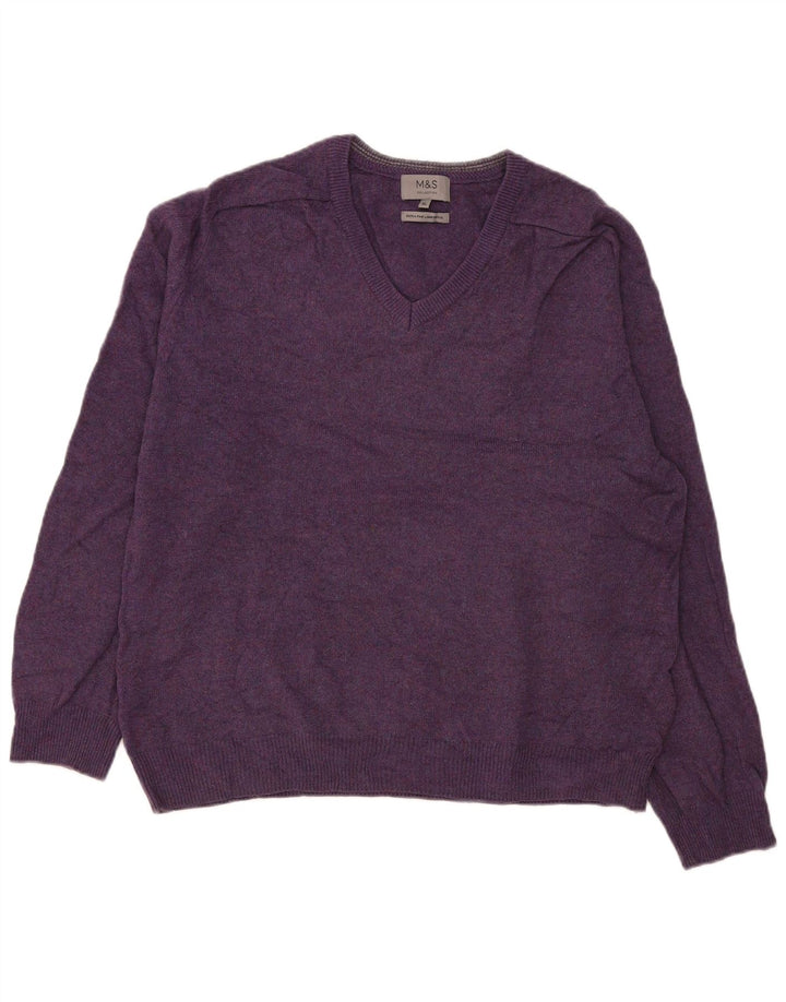Marks & Spencer Męski sweter z dekoltem w kształcie litery V, XL, fioletowa wełna