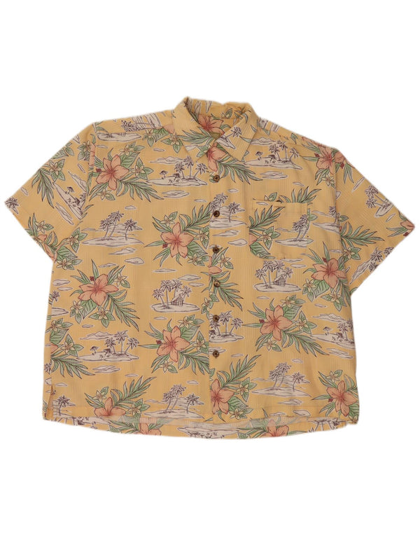 Koszula męska z krótkim rękawem w stylu vintage 2XL Żółty kwiatowy sztuczny jedwab