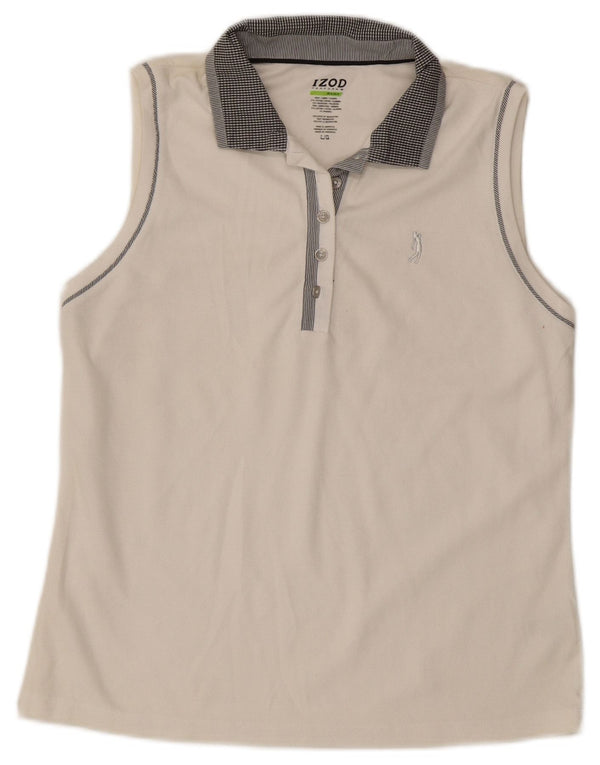 Damska koszulka polo bez rękawów IZOD UK 14, duża, biała bawełna