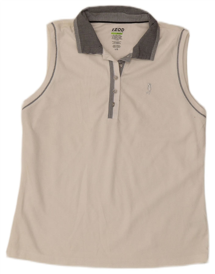 Damska koszulka polo bez rękawów IZOD UK 14, duża, biała bawełna