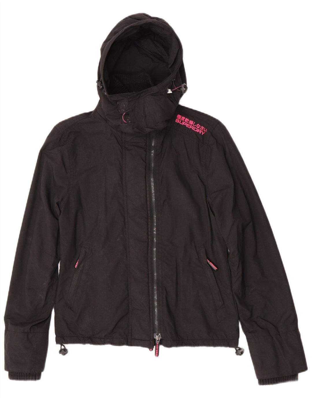 Damska kurtka wiatrówka z kapturem Superdry UK 10, mała, czarna nylonowa
