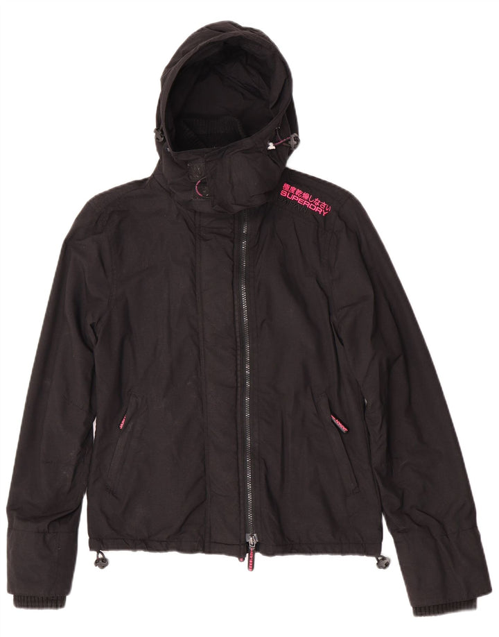Damska kurtka wiatrówka z kapturem Superdry UK 10, mała, czarna nylonowa