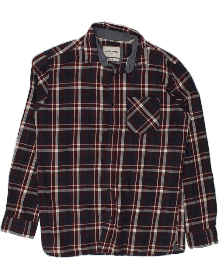 JACK & JONES Mens Slim Flannel Shirt Large Navy Blue Check Cotton Vintage Jack & Jones and Second-Hand Jack & Jones from Messina Hembry 