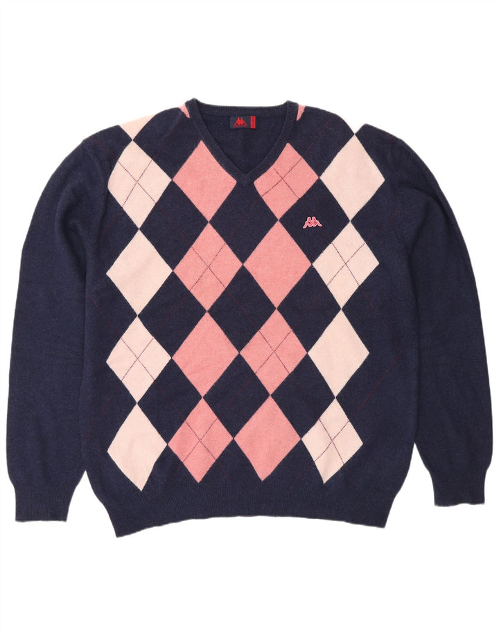 Męski sweter Kappa z dekoltem w kształcie litery V, 2XL, granatowy Argyle/diamentowa wełna