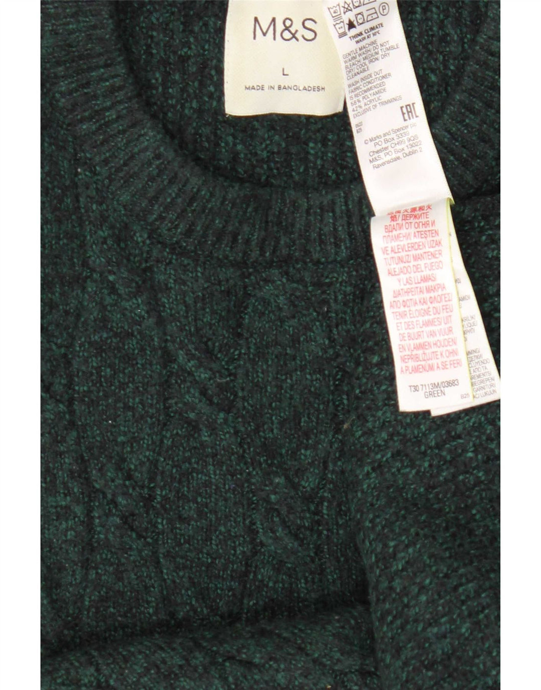 Marks & Spencer Męski sweter z okrągłym dekoltem, duży, zielony poliamid