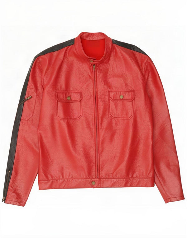 Męska kurtka skórzana vintage UK 40 duża czerwona Colorblock