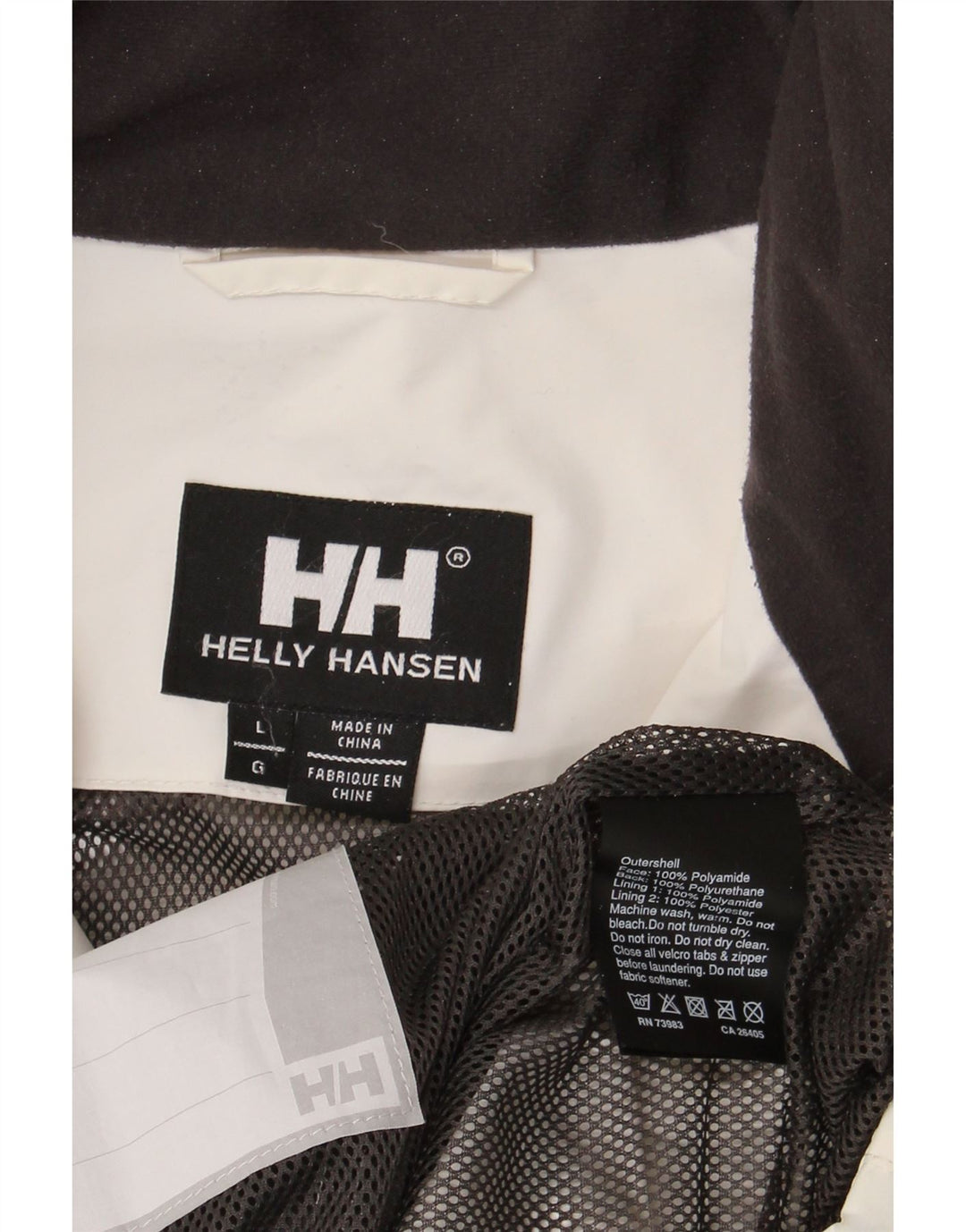Męska kurtka przeciwdeszczowa z kapturem Helly Hansen UK 40, duża, biała, z blokami kolorów