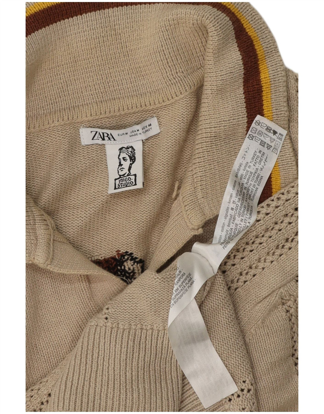 Męski sweter Zara Inigo Studio Graphic z kołnierzem polo, średni beż