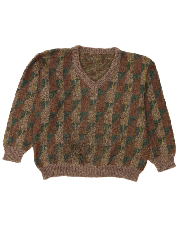 Sweter damski w stylu vintage z dekoltem w kształcie litery V, UK 14, duży, brązowy, geometryczny