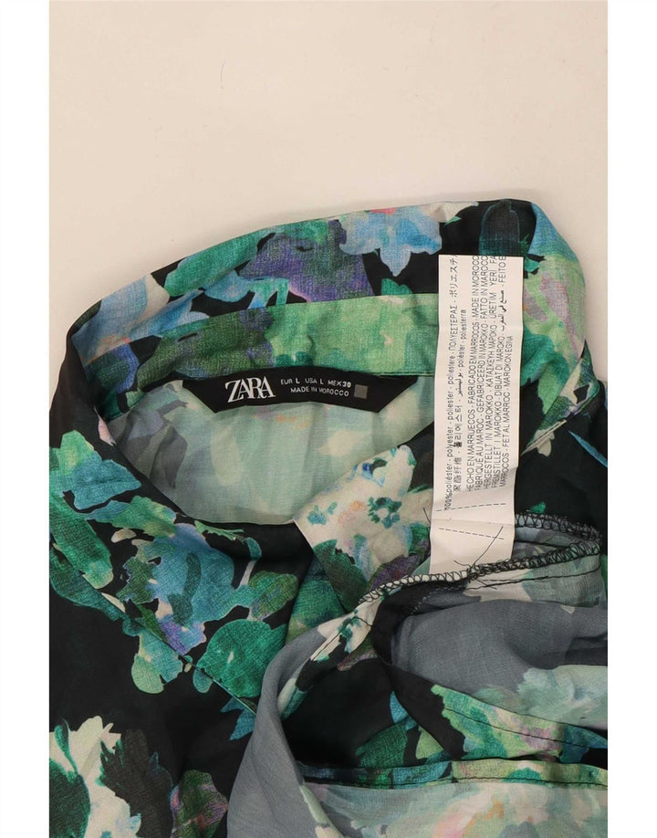 Damska bluzka koszulowa oversize Zara UK 16, duża, zielona w kwiaty, poliester