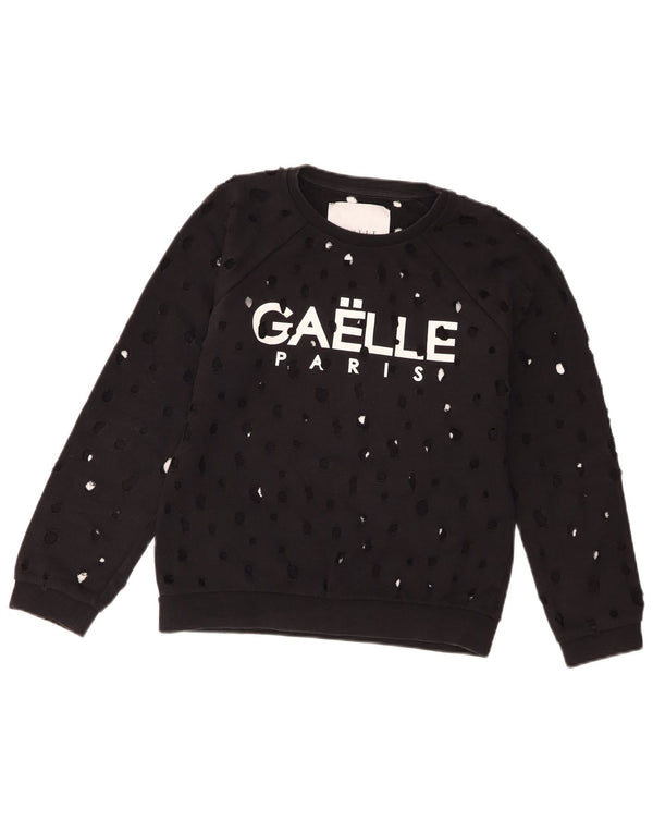 Damska bluza Gaelle Distressed Graphic Jumper UK 14, duża czarna bawełna