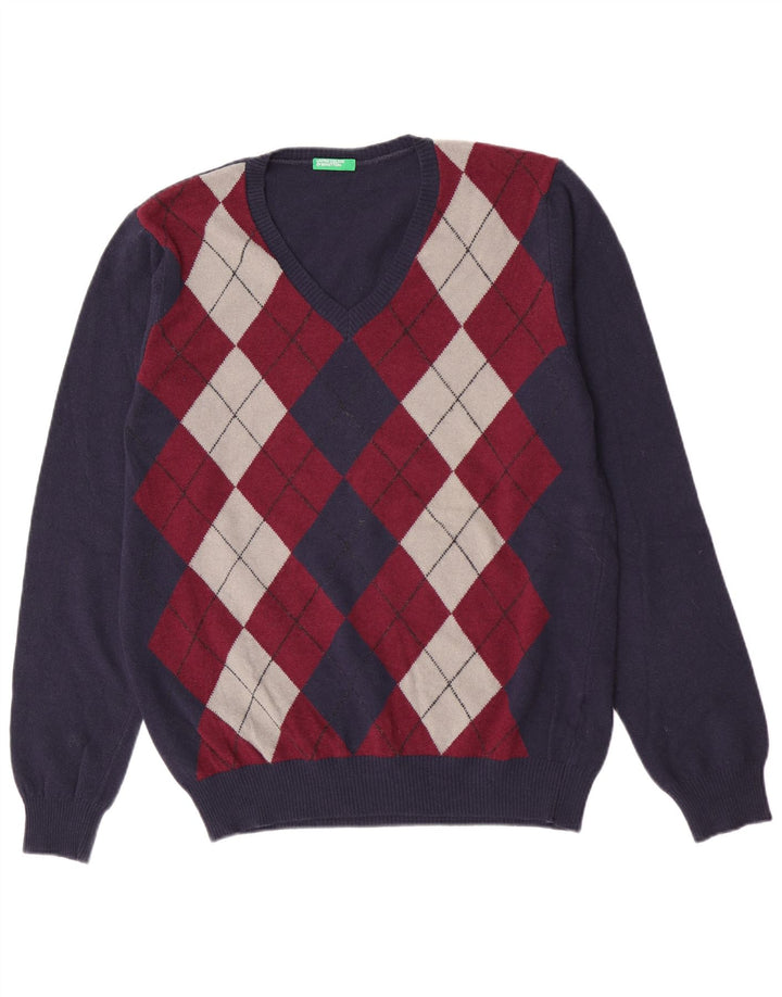 Męski sweter Benetton z dekoltem w kształcie litery V, duży, granatowy, wykonany z tkaniny argyle/diamentowej wełny