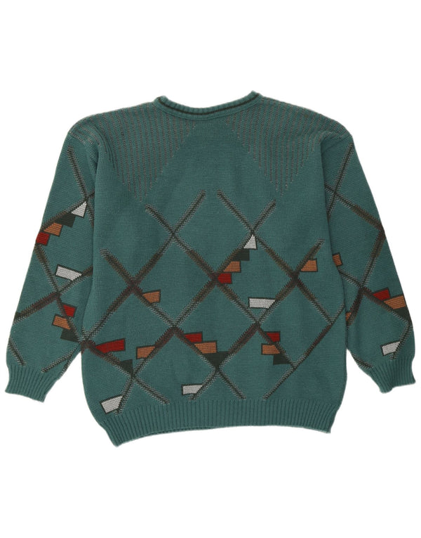 Vintage męski sweter z okrągłym dekoltem, średnio zielony, geometryczny