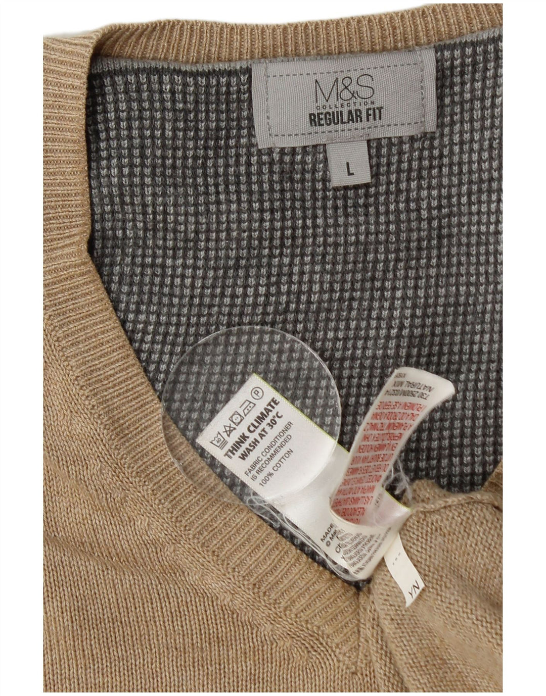 Marks & Spencer Męski sweter o regularnym kroju z dekoltem w kształcie litery V, duży, beżowy, bawełniany