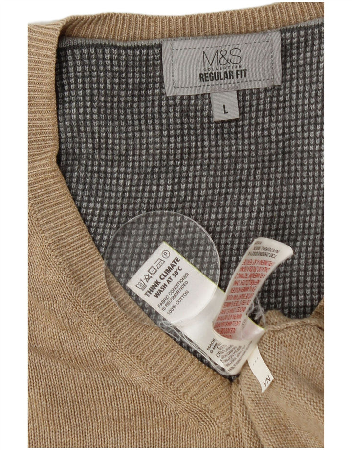 Marks & Spencer Męski sweter o regularnym kroju z dekoltem w kształcie litery V, duży, beżowy, bawełniany