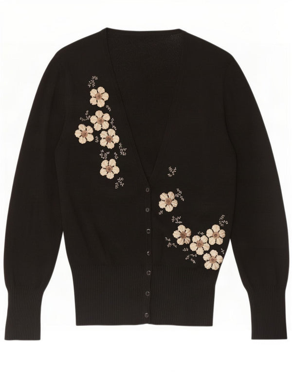 Marks & Spencer Damski sweter rozpinany UK 12, średni czarny, kwiatowy, wiskoza