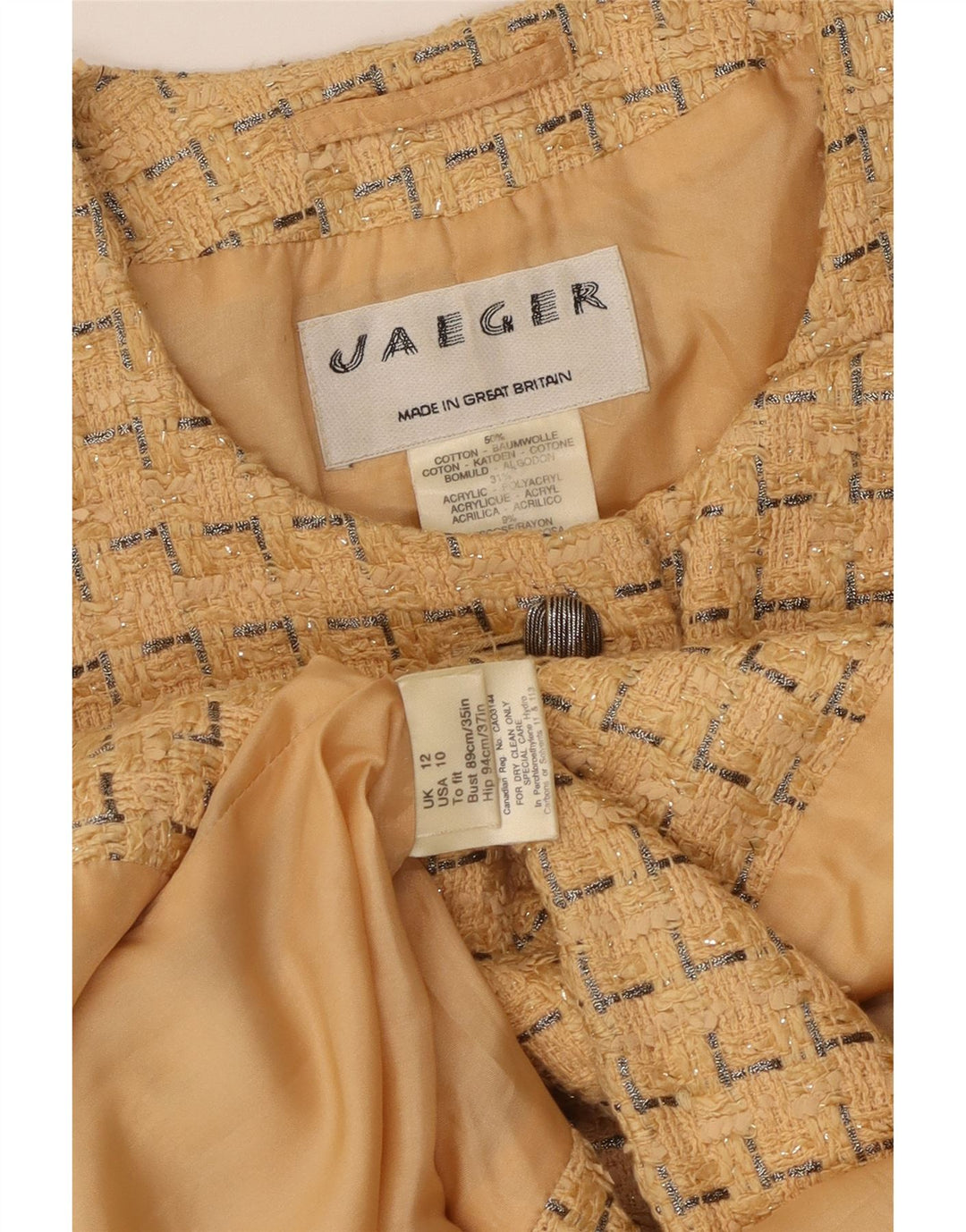 Damska marynarka Jaeger zapinana na 5 guzików UK 12, średnia żółta geometryczna bawełna