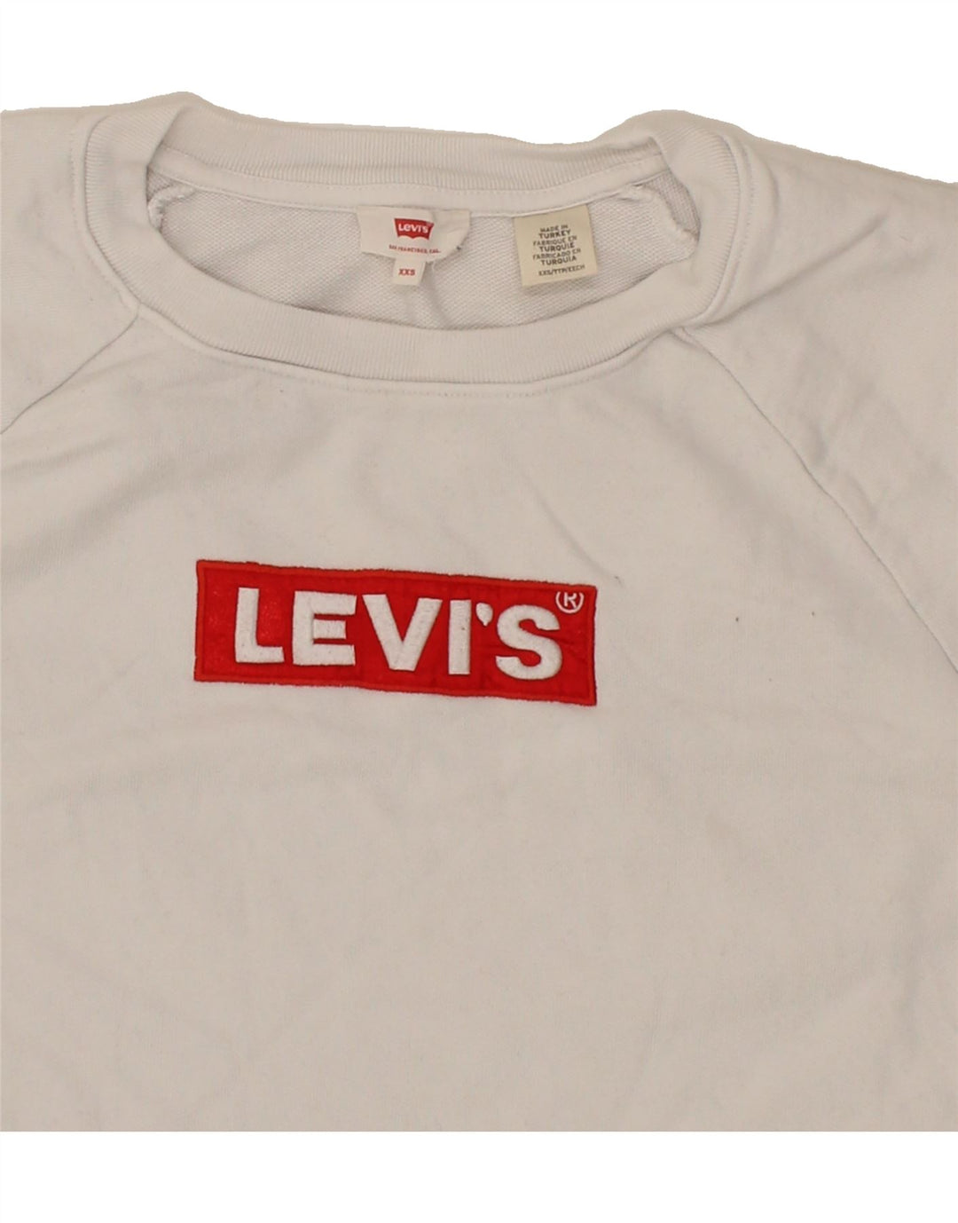 LEVI'S Womens Oversized Graphic Sweatshirt Jumper UK 2 2XS White Cotton Vintage Levi's and Second-Hand Levi's from Messina Hembry 