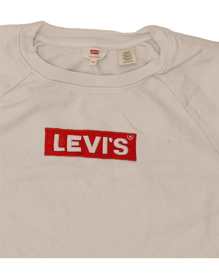 LEVI'S Womens Oversized Graphic Sweatshirt Jumper UK 2 2XS White Cotton Vintage Levi's and Second-Hand Levi's from Messina Hembry 