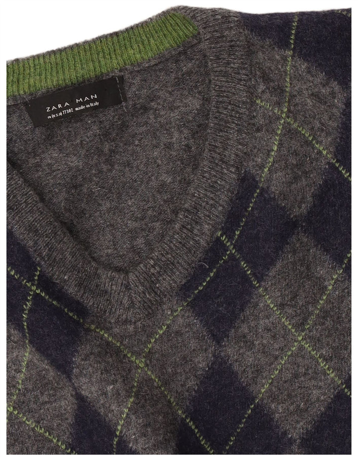 Męski sweter Zara z dekoltem w kształcie litery V, średnioszary, Argyle/Diament
