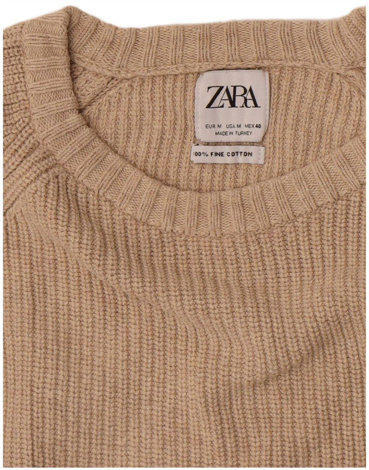 Męski sweter Zara z okrągłym dekoltem, średnio beżowy, bawełniany