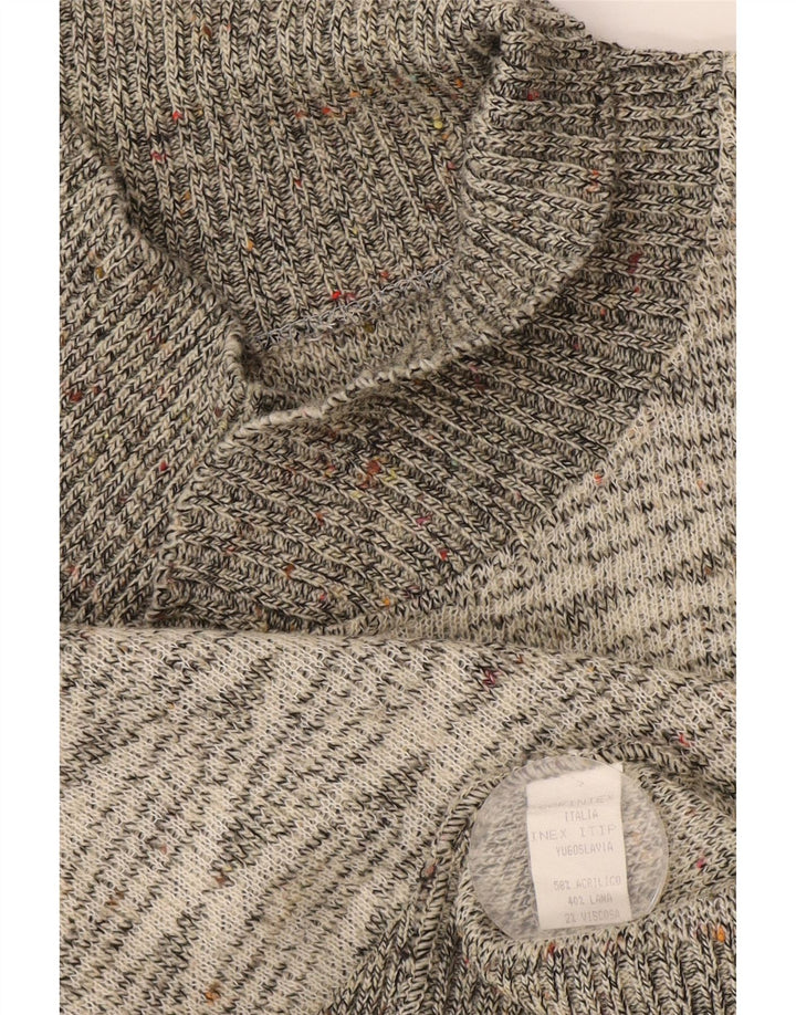 Vintage męski sweter z szalowym dekoltem, mały szary geometryczny akryl