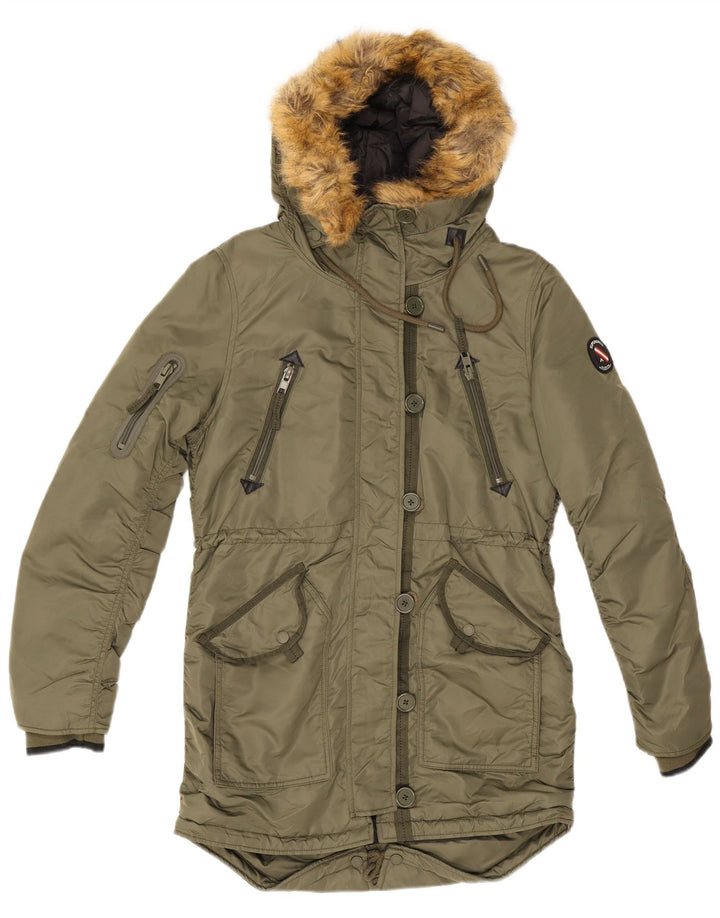 Damska kurtka parka z kapturem Superdry UK 12, średni nylon khaki