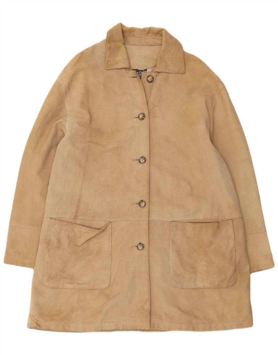 Zamszowy płaszcz damski VINTAGE IT 46, duży, beżowy, skórzany