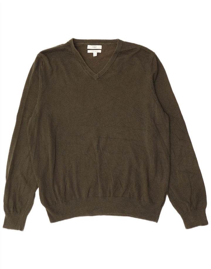 Marks & Spencer Męski sweter z dekoltem w kształcie litery V, XL, bawełniany khaki