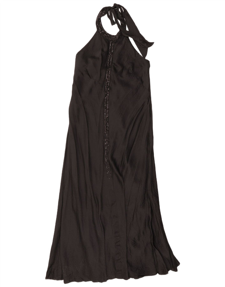 Monsoon Damska sukienka Maxi Halter UK 16, duża, czarna, jedwabna