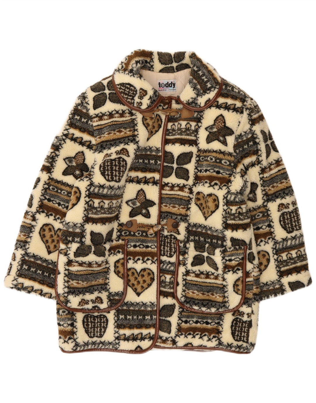 Vintage damski polarowy płaszcz z grafiką UK 14, duży beżowy patchwork
