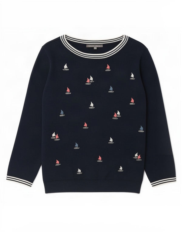Damski sweter Laura Ashley z graficznym dekoltem w łódkę UK 14, duży granatowy