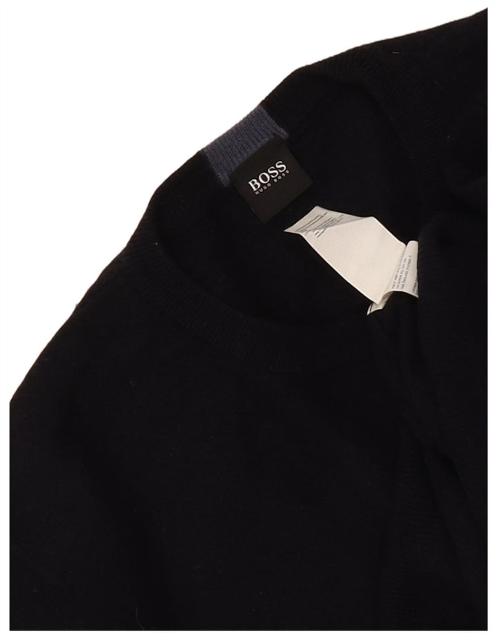 Męski sweter z okrągłym dekoltem Hugo Boss, duży, granatowy, z dziewiczej wełny