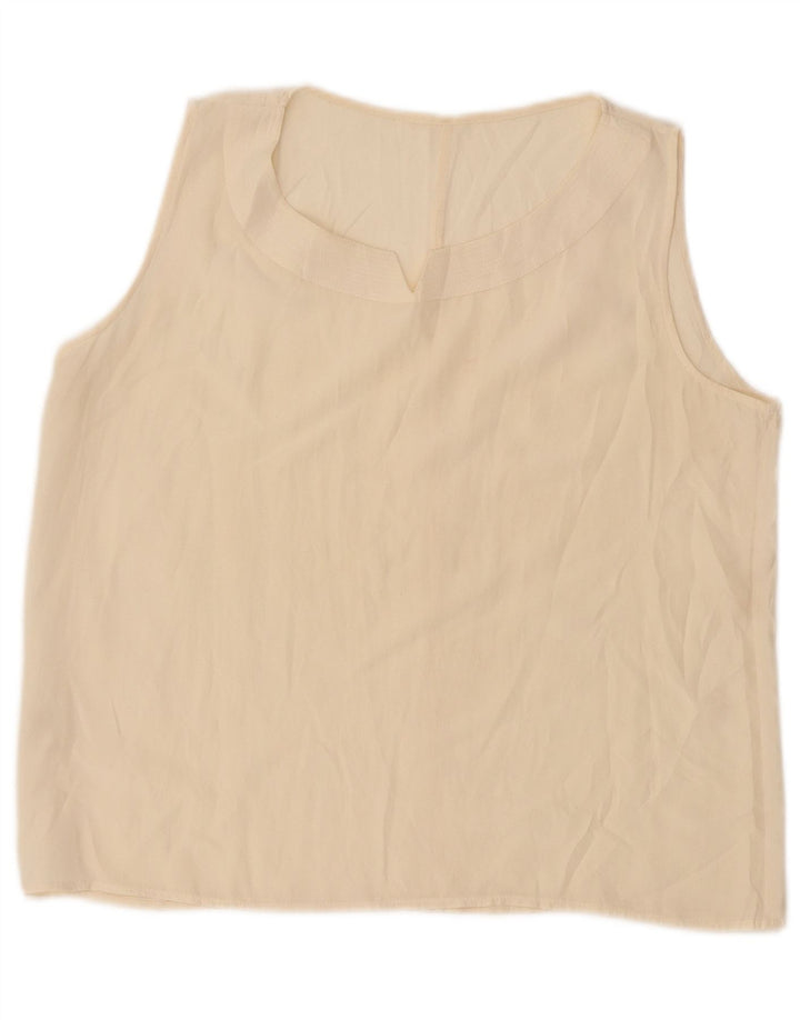 Vintage damska krótka bluzka bez rękawów Top UK 14, duży, złamany biały jedwab