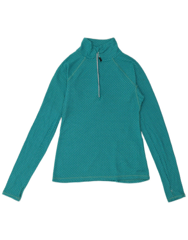 Eddie Bauer Womens Zip Neck Top Long Sleeve UK 10 Small Turquoise Spotted