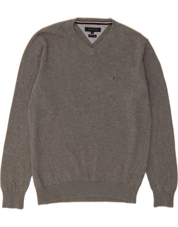TOMMY HILFIGER Mens V-Neck Jumper Sweater Medium Grey Cotton Vintage Tommy Hilfiger and Second-Hand Tommy Hilfiger from Messina Hembry 