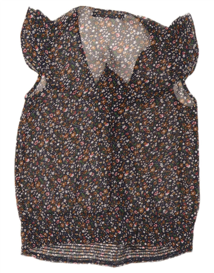 Damska muszka ZARA bez rękawów prześwitująca koszulka UK 10 w małe czarne kwiatowe wzory