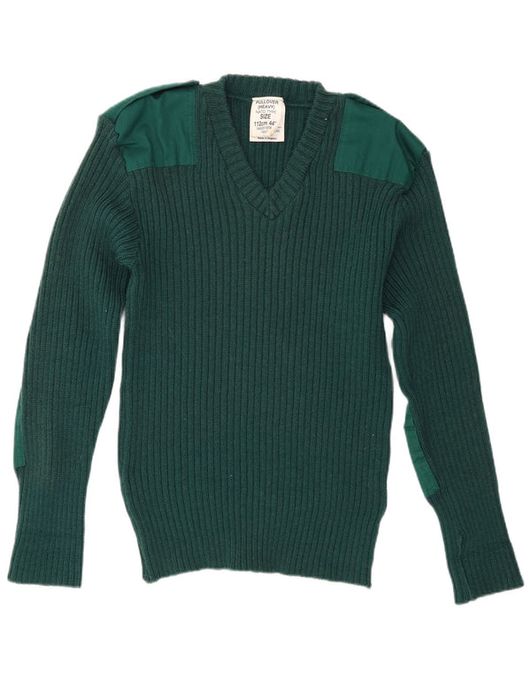 Vintage męski sweter wojskowy z dekoltem w szpic, średnio zielony, nowy wełniany