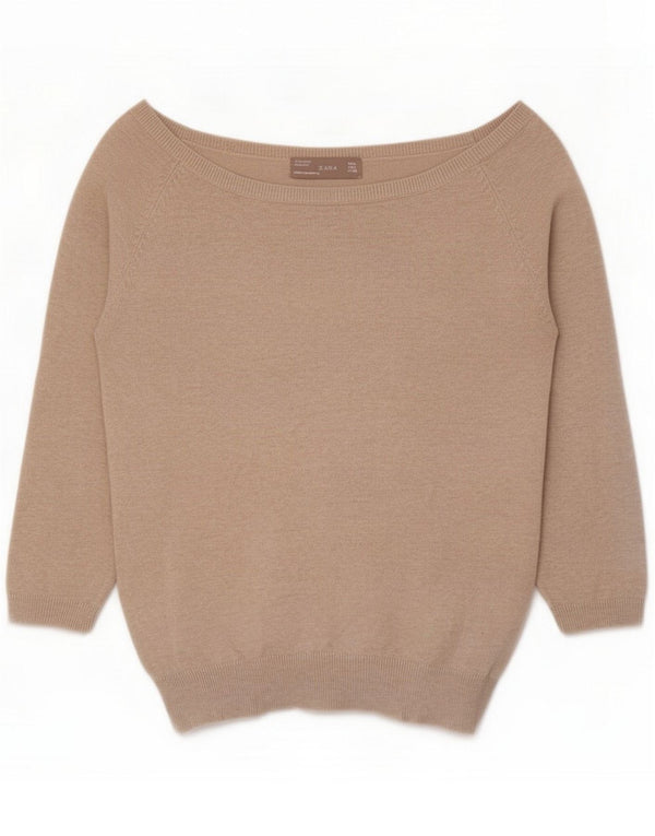 Damski sweter Zara z rękawami 3/4 i odkrytymi ramionami UK 14, duży, beżowy, bawełniany